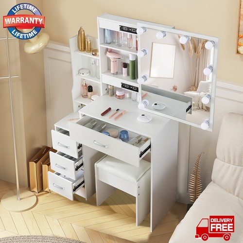 White dressing table stool set - white,